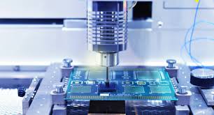 A futuristic semiconductor factory interior